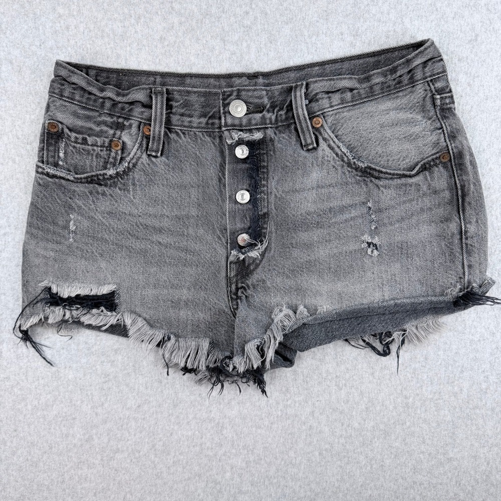 Levis 501 Original High Rise Button Fly Denim Shorts Faded Black W29 Distressed